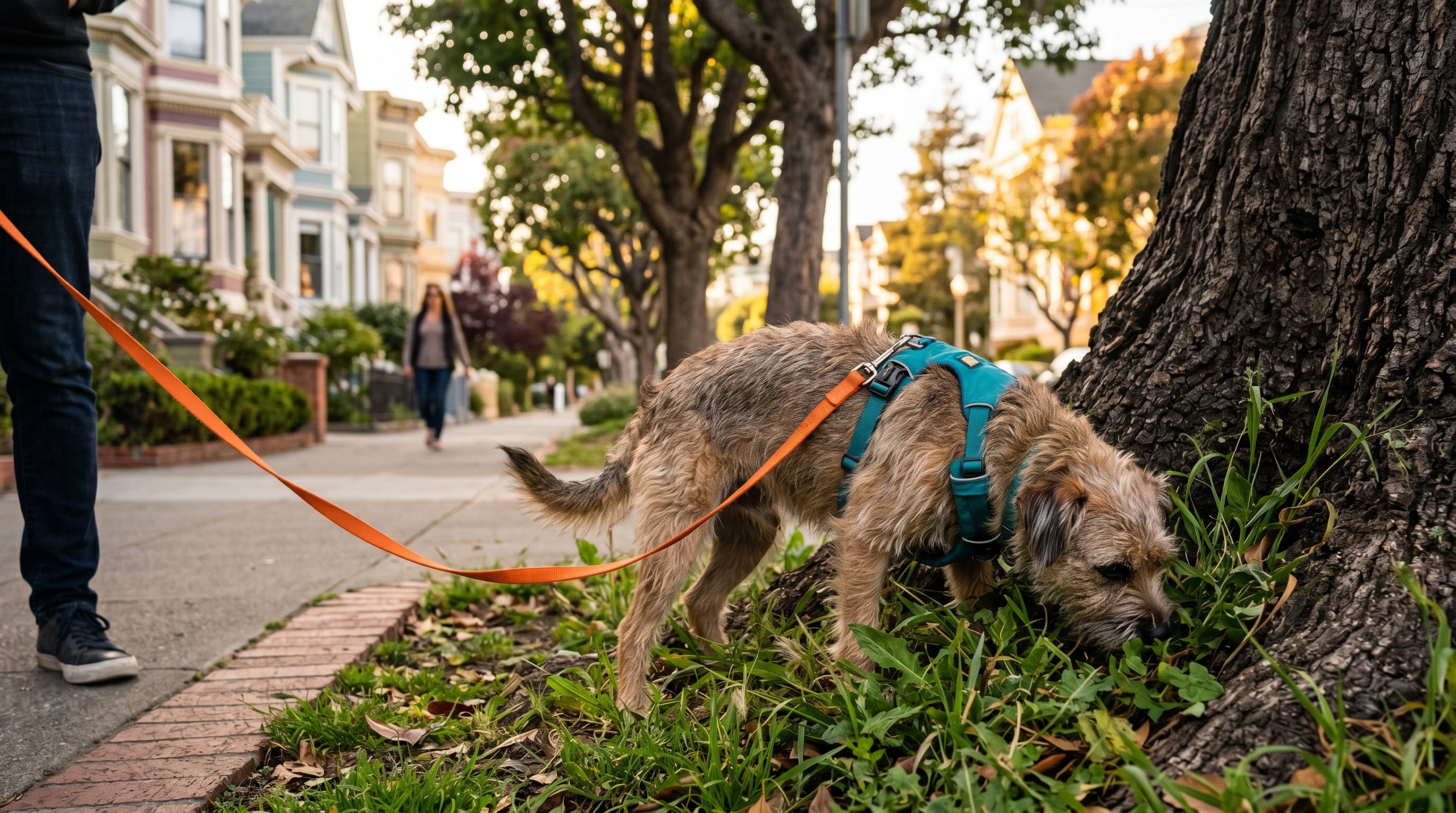 A scruffy mixed-breed terrier in a teal harness on a sniff break beside a tree on a San Francisco residential sidewalk during a Sniff and Go private dog walk